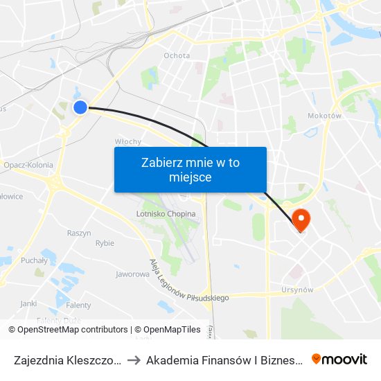 Zajezdnia Kleszczowa 01 to Akademia Finansów I Biznesu Vistula map