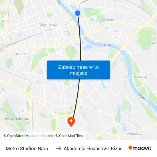 Metro Stadion Narodowy 07 to Akademia Finansów I Biznesu Vistula map