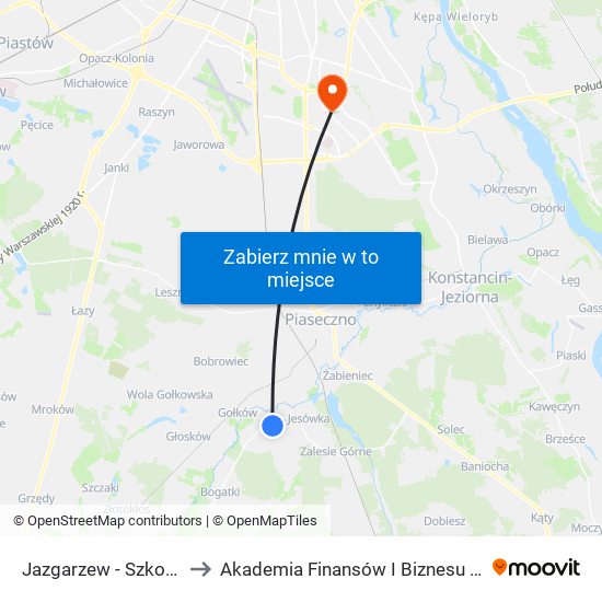 Jazgarzew - Szkoła 01 to Akademia Finansów I Biznesu Vistula map