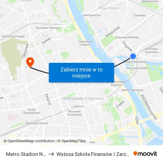 Metro Stadion Narodowy to Wyższa Szkoła Finansów I Zarządzania W Warszawie map