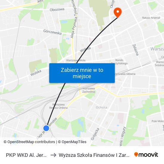 PKP WKD Al. Jerozolimskie 06 to Wyższa Szkoła Finansów I Zarządzania W Warszawie map