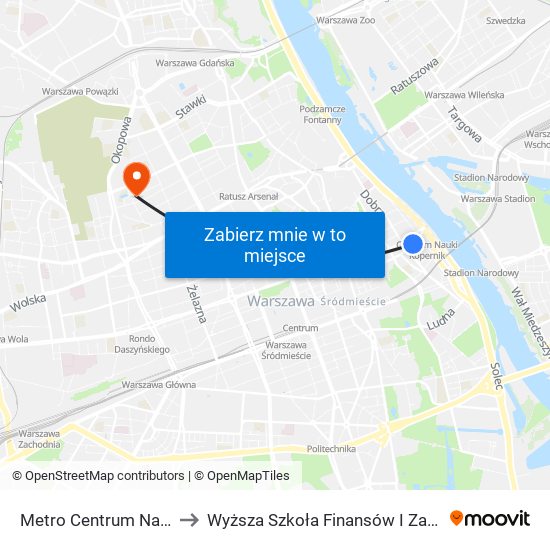 Metro Centrum Nauki Kopernik 05 to Wyższa Szkoła Finansów I Zarządzania W Warszawie map