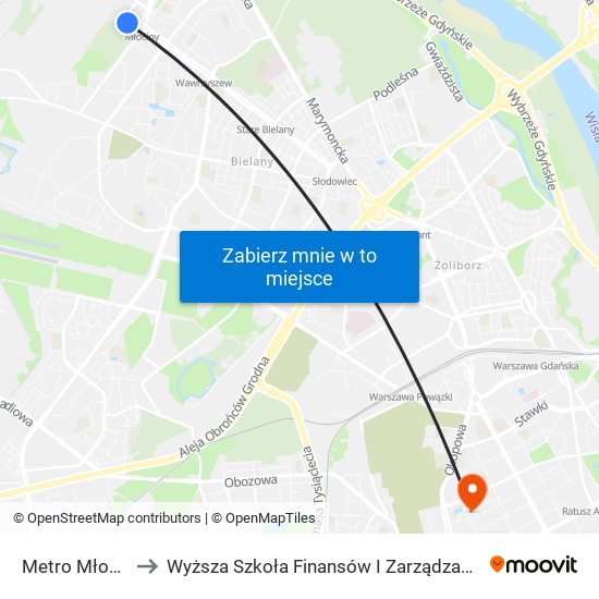 Metro Młociny to Wyższa Szkoła Finansów I Zarządzania W Warszawie map