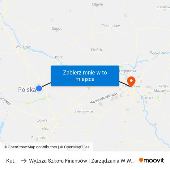 Kutno to Wyższa Szkoła Finansów I Zarządzania W Warszawie map