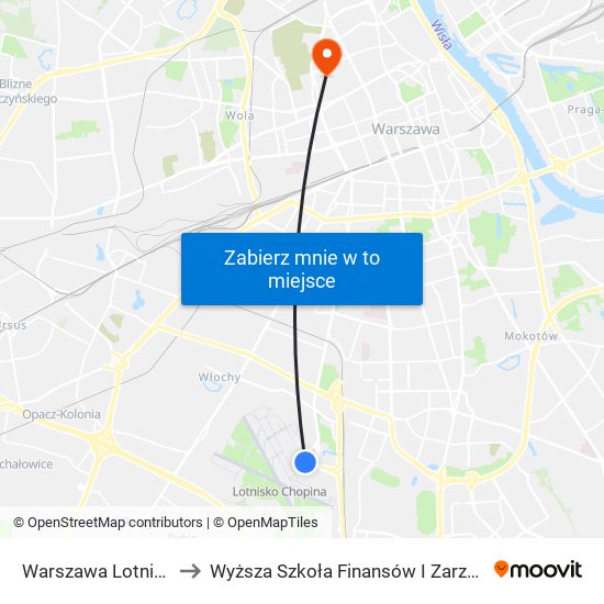 Warszawa Lotnisko Chopina to Wyższa Szkoła Finansów I Zarządzania W Warszawie map