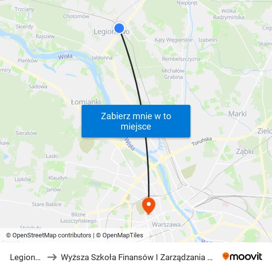 Legionowo to Wyższa Szkoła Finansów I Zarządzania W Warszawie map
