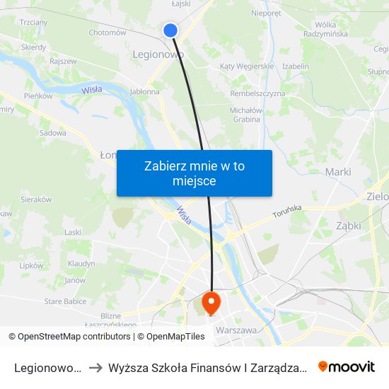 Legionowo Piaski to Wyższa Szkoła Finansów I Zarządzania W Warszawie map