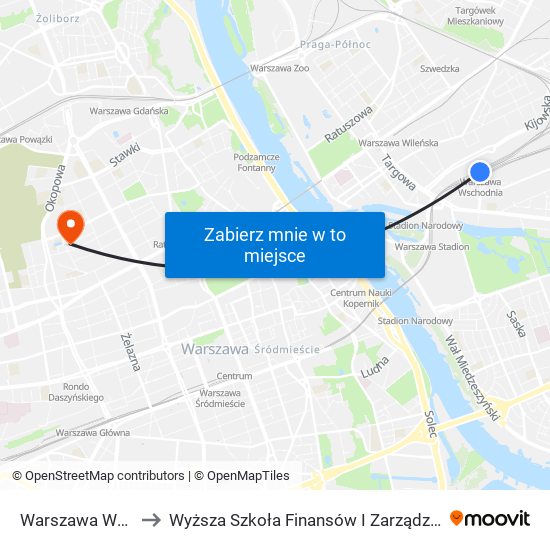 Warszawa Wschodnia to Wyższa Szkoła Finansów I Zarządzania W Warszawie map