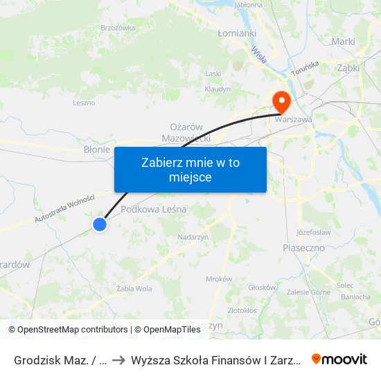 Grodzisk Maz. / Dw. PKP 01 to Wyższa Szkoła Finansów I Zarządzania W Warszawie map