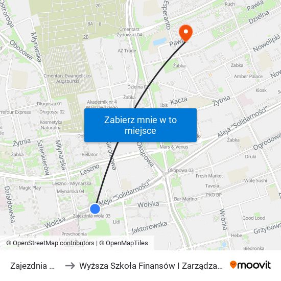 Zajezdnia Wola 03 to Wyższa Szkoła Finansów I Zarządzania W Warszawie map