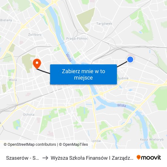 Szaserów - Szpital 01 to Wyższa Szkoła Finansów I Zarządzania W Warszawie map