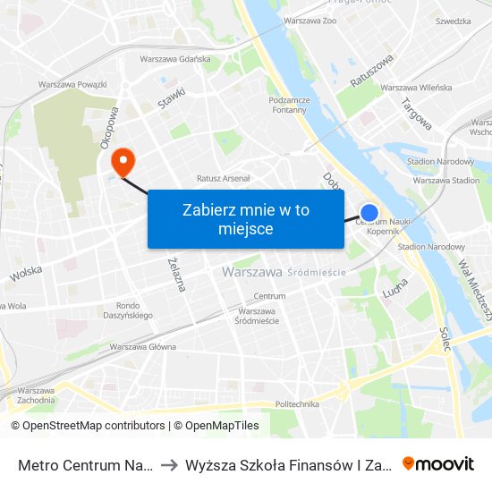 Metro Centrum Nauki Kopernik to Wyższa Szkoła Finansów I Zarządzania W Warszawie map