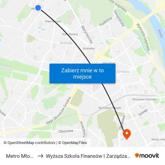 Metro Młociny 01 to Wyższa Szkoła Finansów I Zarządzania W Warszawie map