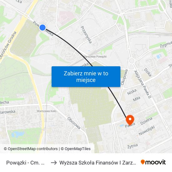 Powązki - Cm. Wojskowy 01 to Wyższa Szkoła Finansów I Zarządzania W Warszawie map