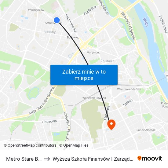 Metro Stare Bielany to Wyższa Szkoła Finansów I Zarządzania W Warszawie map