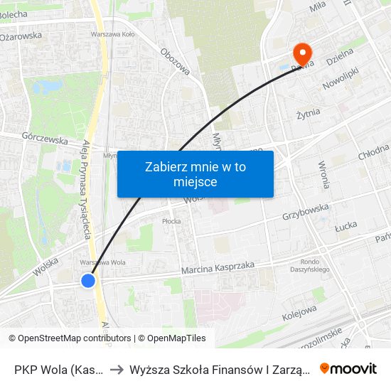 PKP Wola (Kasprzaka) 02 to Wyższa Szkoła Finansów I Zarządzania W Warszawie map