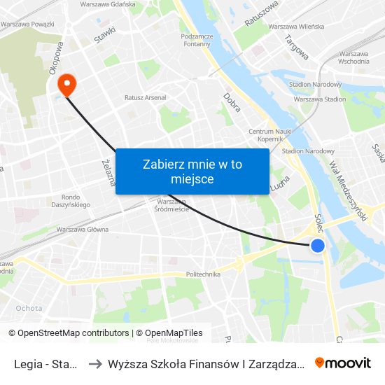 Legia - Stadion 02 to Wyższa Szkoła Finansów I Zarządzania W Warszawie map