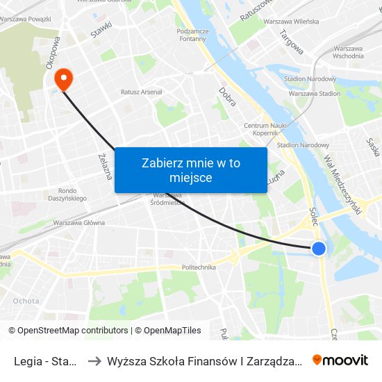 Legia - Stadion 01 to Wyższa Szkoła Finansów I Zarządzania W Warszawie map