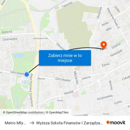 Metro Młynów 02 to Wyższa Szkoła Finansów I Zarządzania W Warszawie map