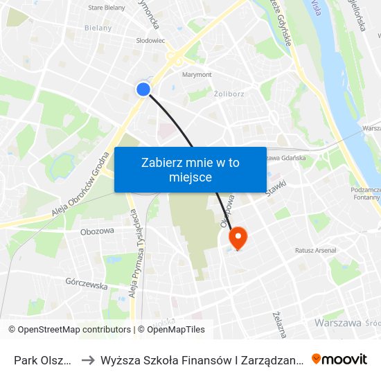 Park Olszyna to Wyższa Szkoła Finansów I Zarządzania W Warszawie map