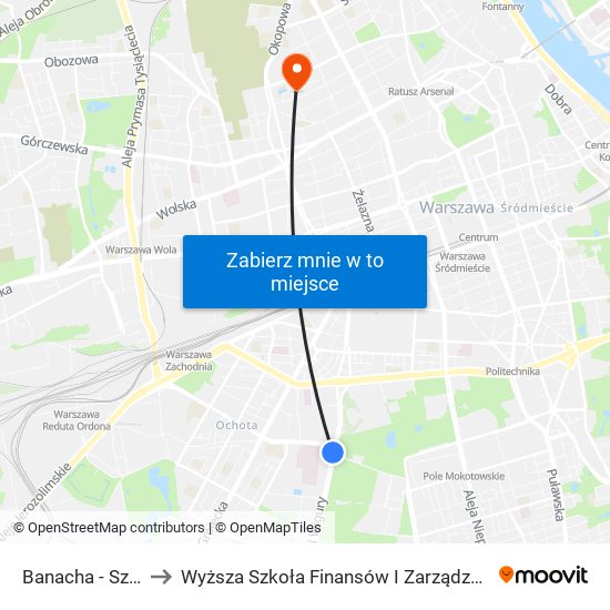 Banacha - Szpital 01 to Wyższa Szkoła Finansów I Zarządzania W Warszawie map