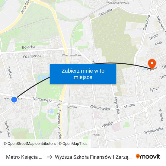 Metro Księcia Janusza 03 to Wyższa Szkoła Finansów I Zarządzania W Warszawie map