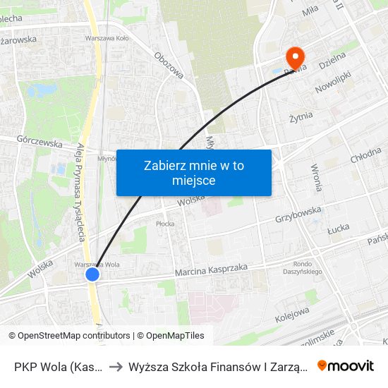 PKP Wola (Kasprzaka) 06 to Wyższa Szkoła Finansów I Zarządzania W Warszawie map