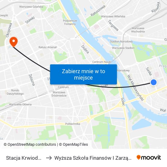 Stacja Krwiodawstwa 01 to Wyższa Szkoła Finansów I Zarządzania W Warszawie map