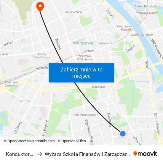 Konduktorska 02 to Wyższa Szkoła Finansów I Zarządzania W Warszawie map