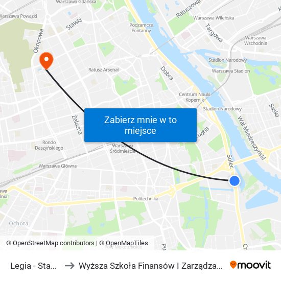 Legia-Stadion to Wyższa Szkoła Finansów I Zarządzania W Warszawie map