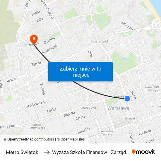 Metro Świętokrzyska 02 to Wyższa Szkoła Finansów I Zarządzania W Warszawie map