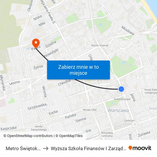 Metro Świętokrzyska 01 to Wyższa Szkoła Finansów I Zarządzania W Warszawie map