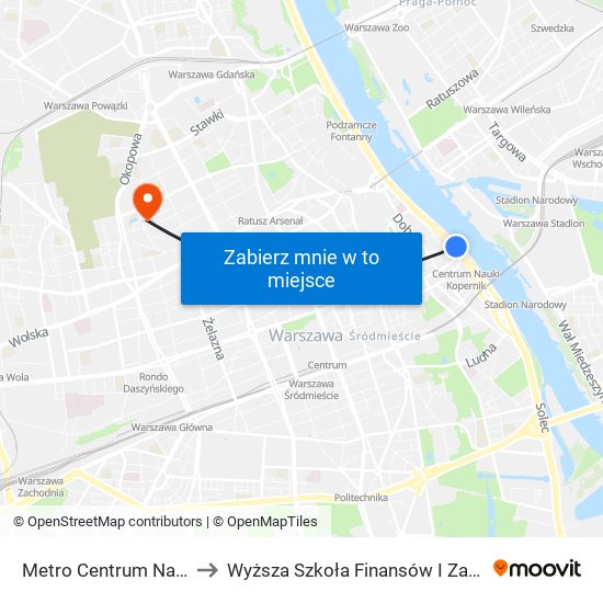 Metro Centrum Nauki Kopernik 02 to Wyższa Szkoła Finansów I Zarządzania W Warszawie map