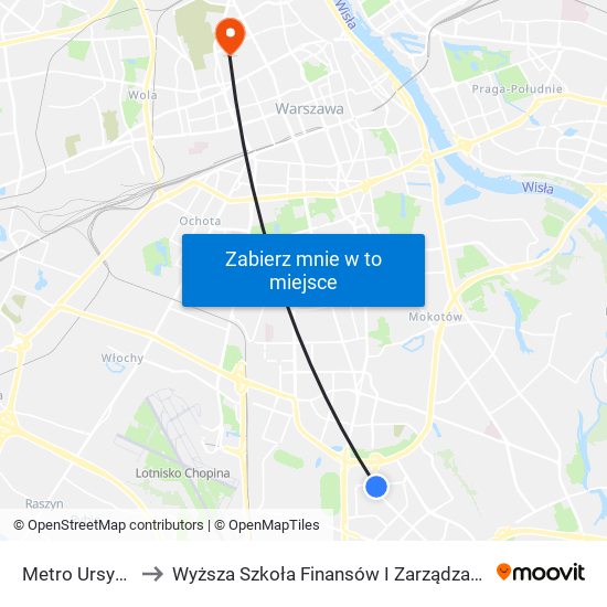 Metro Ursynów 01 to Wyższa Szkoła Finansów I Zarządzania W Warszawie map