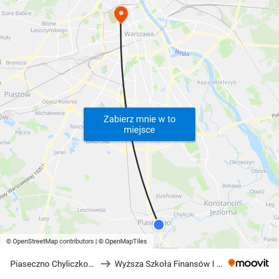 Piaseczno Chyliczkowska - Technikum 02 to Wyższa Szkoła Finansów I Zarządzania W Warszawie map