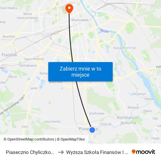 Piaseczno Chyliczkowska - Technikum 01 to Wyższa Szkoła Finansów I Zarządzania W Warszawie map