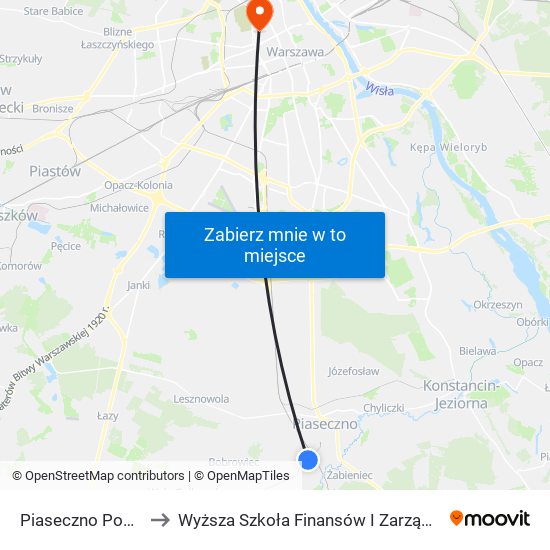 Piaseczno Pomorska 01 to Wyższa Szkoła Finansów I Zarządzania W Warszawie map