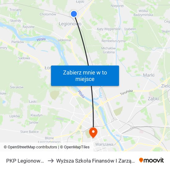 PKP Legionowo Piaski 01 to Wyższa Szkoła Finansów I Zarządzania W Warszawie map