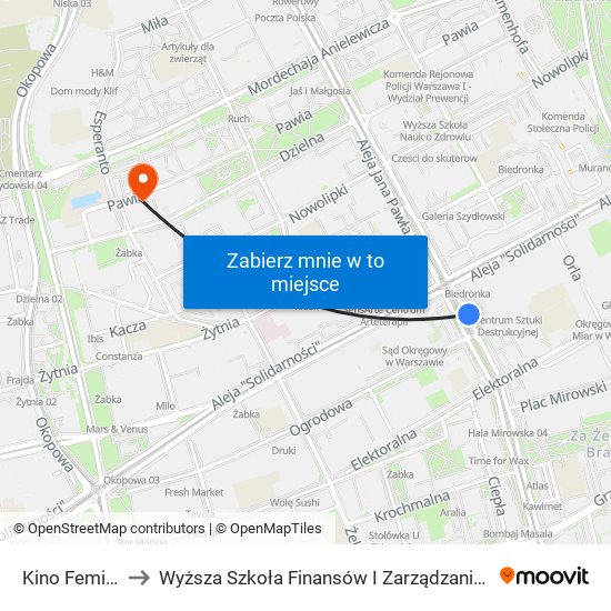 Kino Femina to Wyższa Szkoła Finansów I Zarządzania W Warszawie map