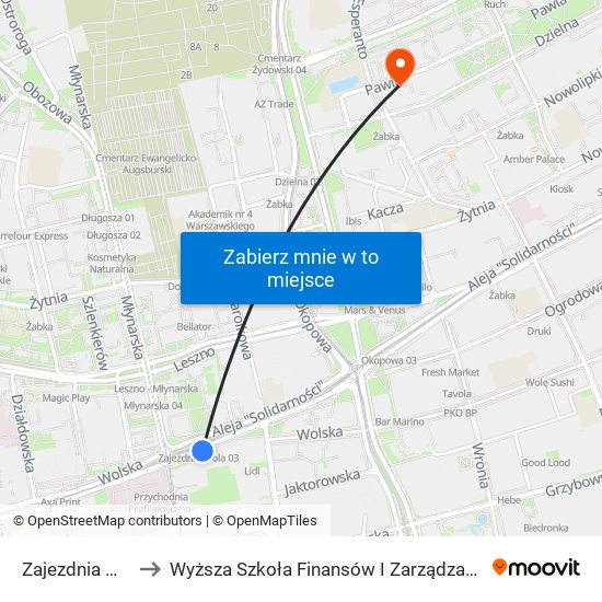 Zajezdnia Wola 01 to Wyższa Szkoła Finansów I Zarządzania W Warszawie map