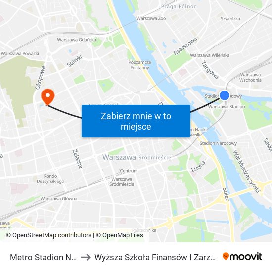 Metro Stadion Narodowy to Wyższa Szkoła Finansów I Zarządzania W Warszawie map