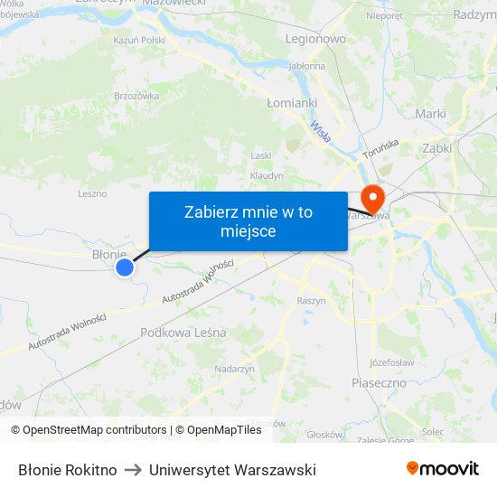 Błonie Rokitno to Uniwersytet Warszawski map