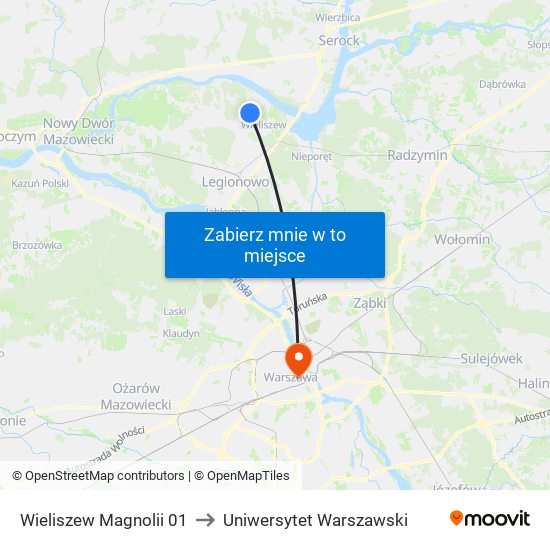 Wieliszew Magnolii 01 to Uniwersytet Warszawski map