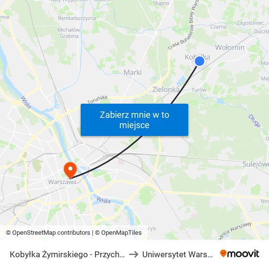 Kobyłka Żymirskiego - Przychodnia 02 to Uniwersytet Warszawski map