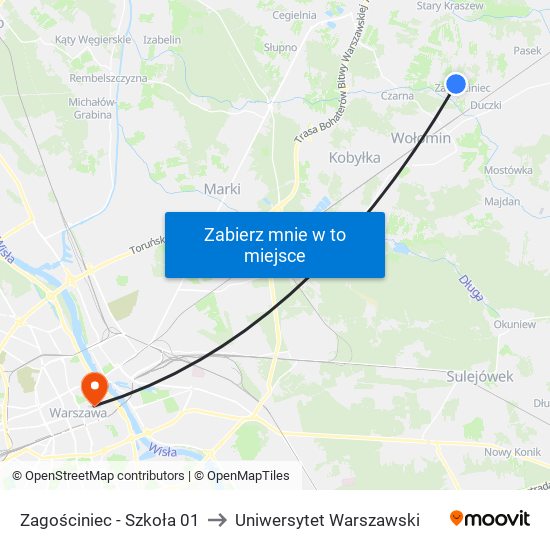 Zagościniec - Szkoła 01 to Uniwersytet Warszawski map