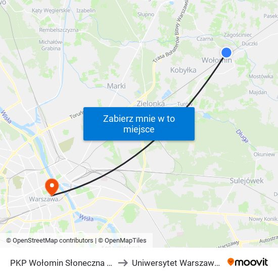 PKP Wołomin Słoneczna 02 to Uniwersytet Warszawski map