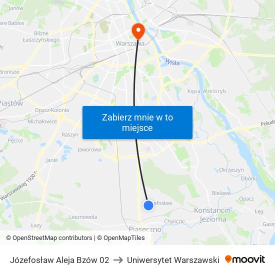 Józefosław Aleja Bzów to Uniwersytet Warszawski map