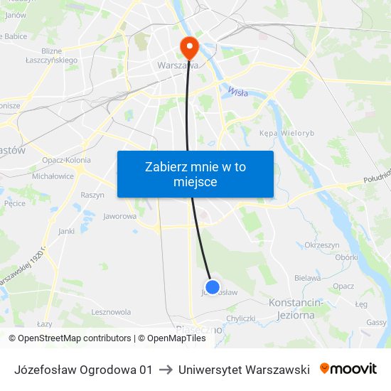 Józefosław Ogrodowa 01 to Uniwersytet Warszawski map