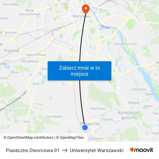 Piaseczno Dworcowa to Uniwersytet Warszawski map