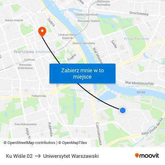 Ku Wiśle 02 to Uniwersytet Warszawski map